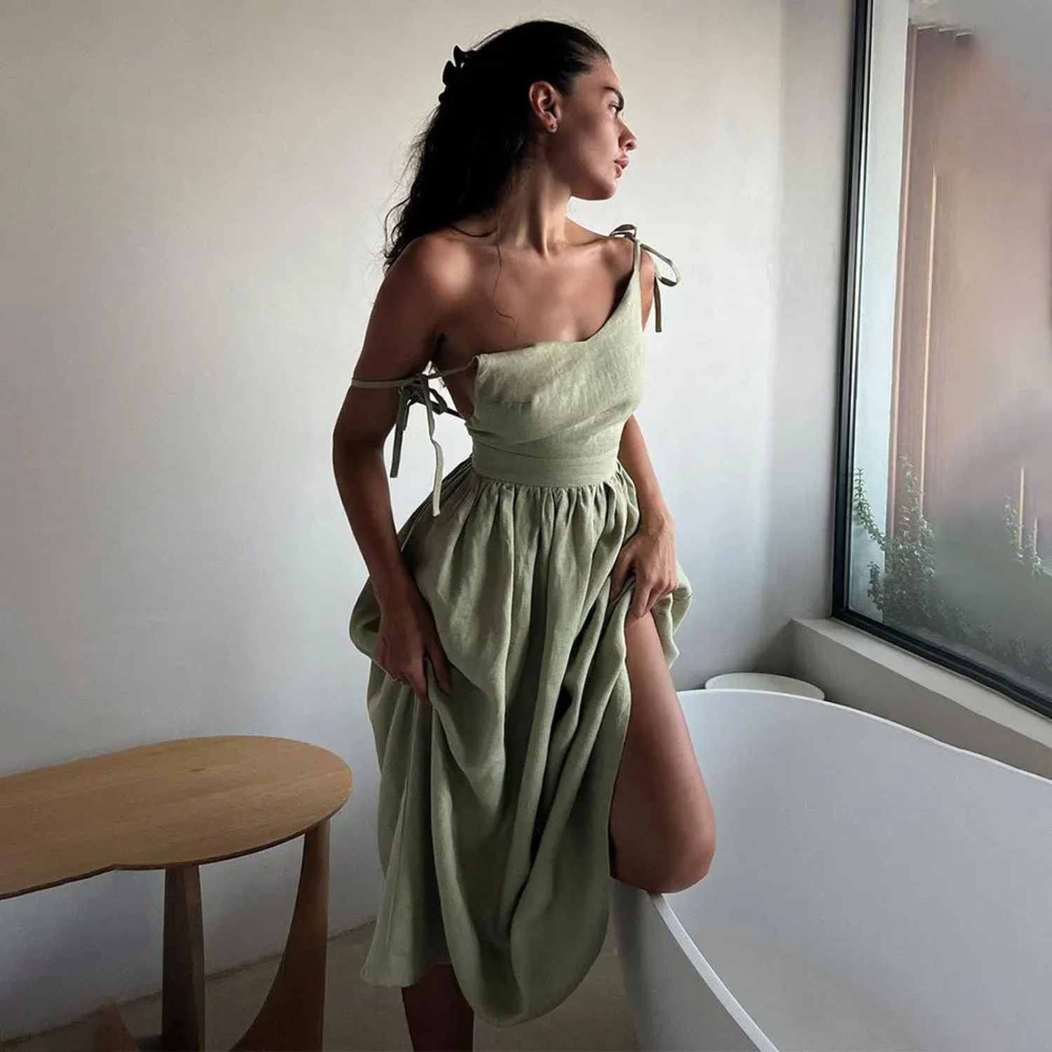 Robe Longue Trapèze à Bretelles avec Poches et Dos Nu en Fibre Naturelle pour Femme