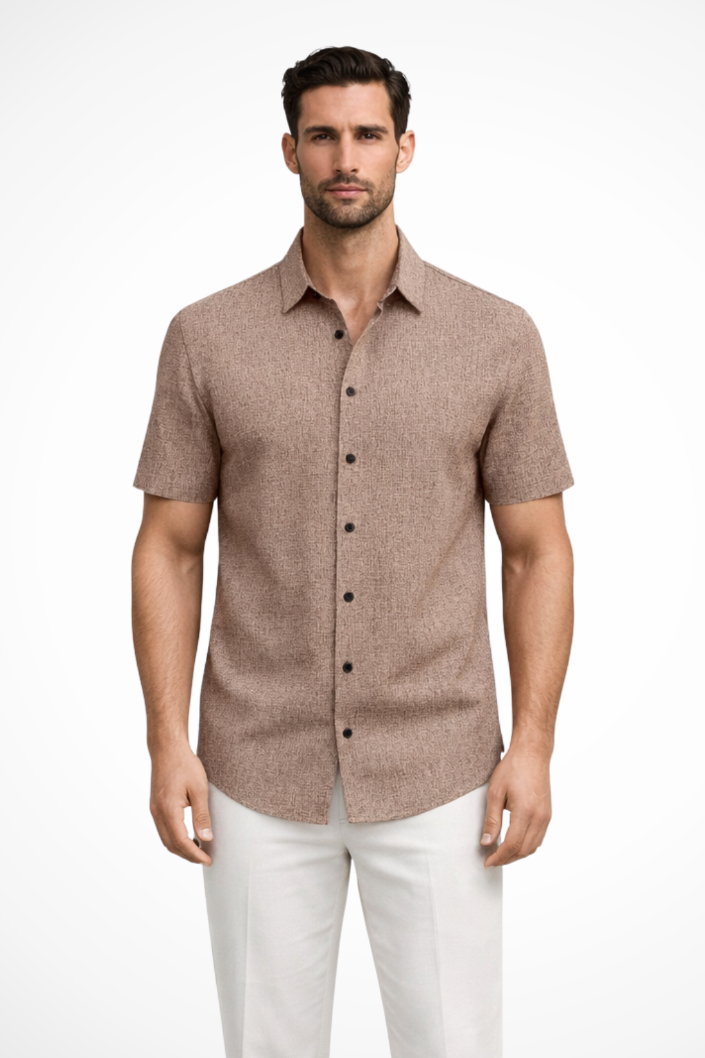 Camisa Casual de Manga Curta para Homem com Textura Sutil e Gola Pontuda