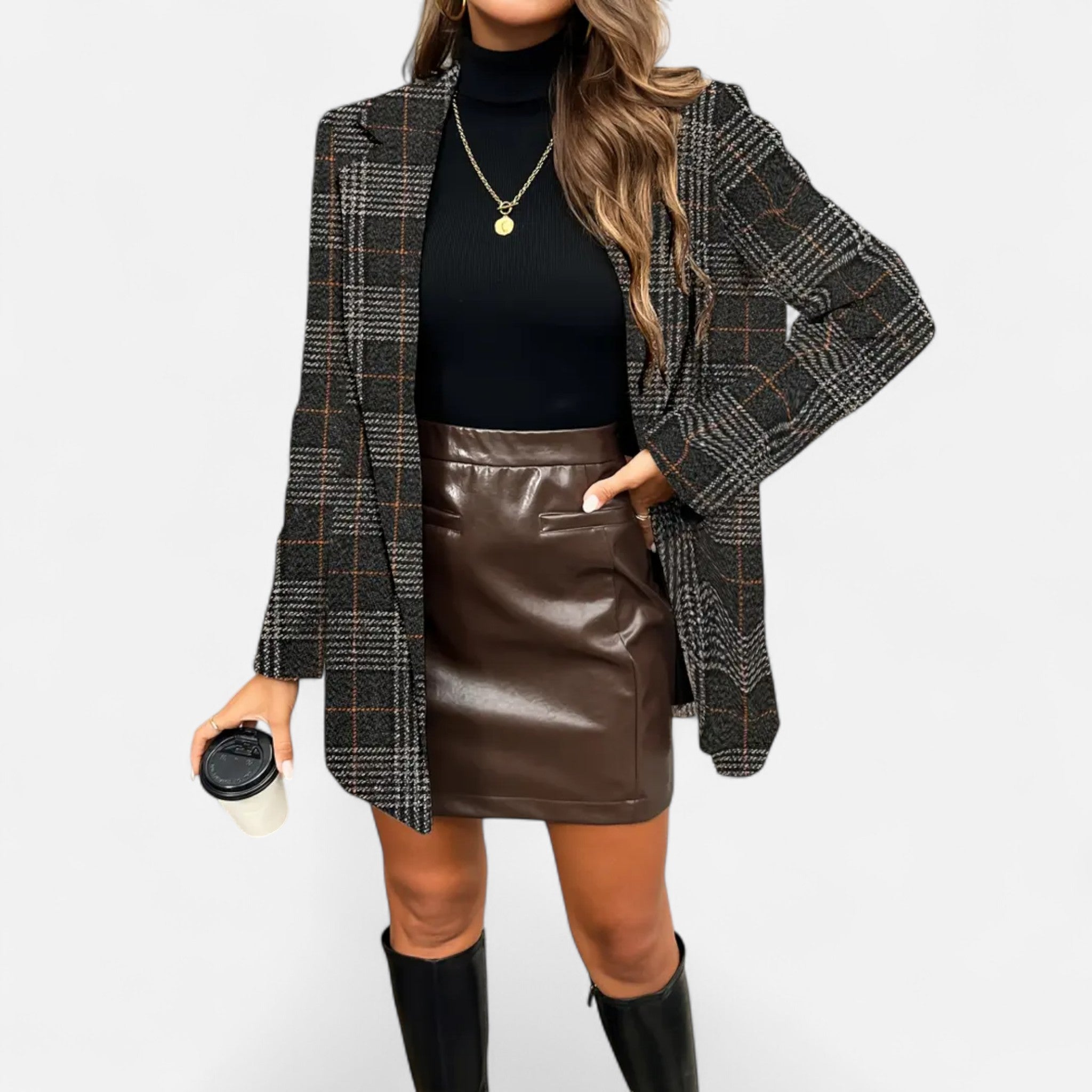 Velclairemode | Women's Elegant Double-Breasted Plaid Coat