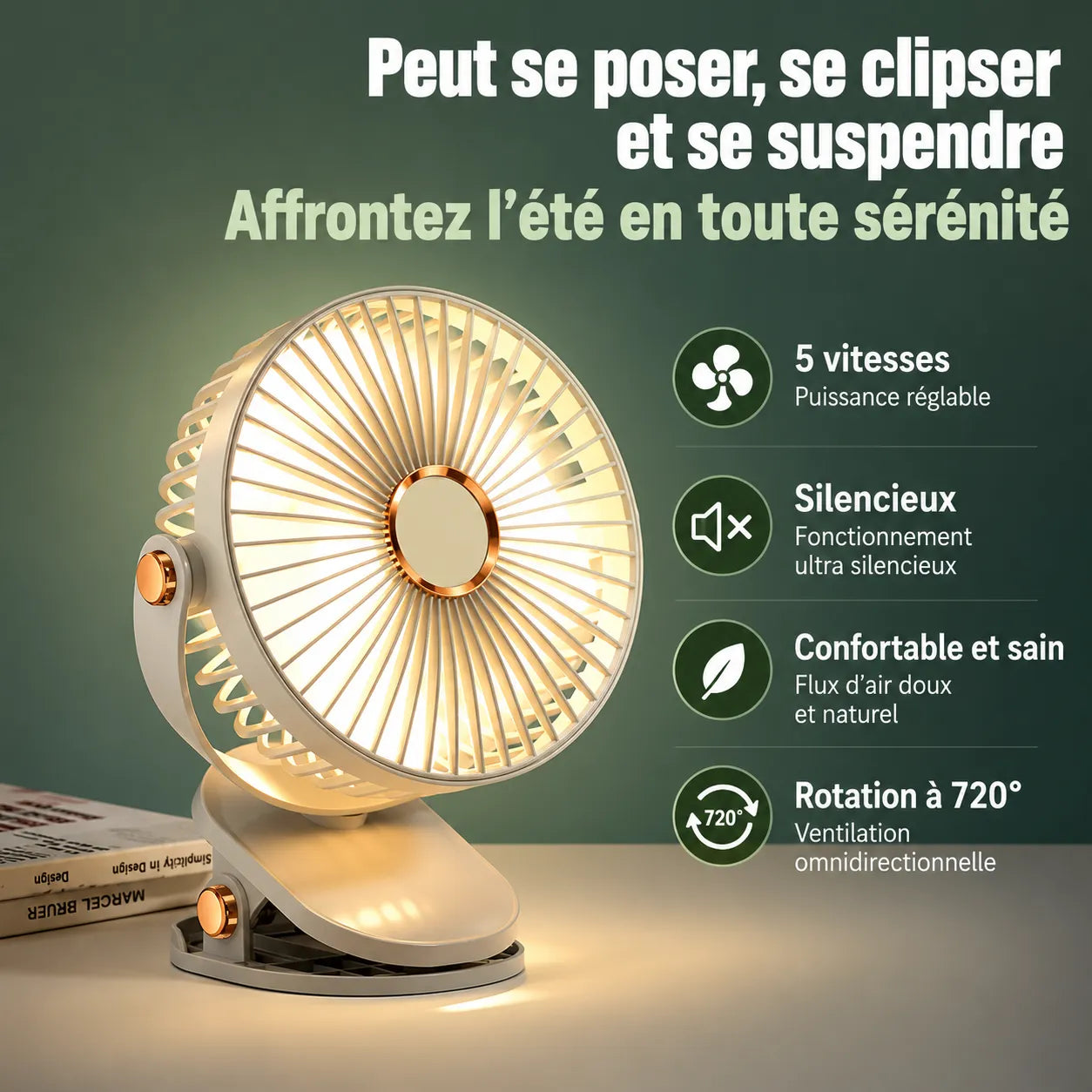 Ventilador portátil recargable con clip de 8000 mAh con LED