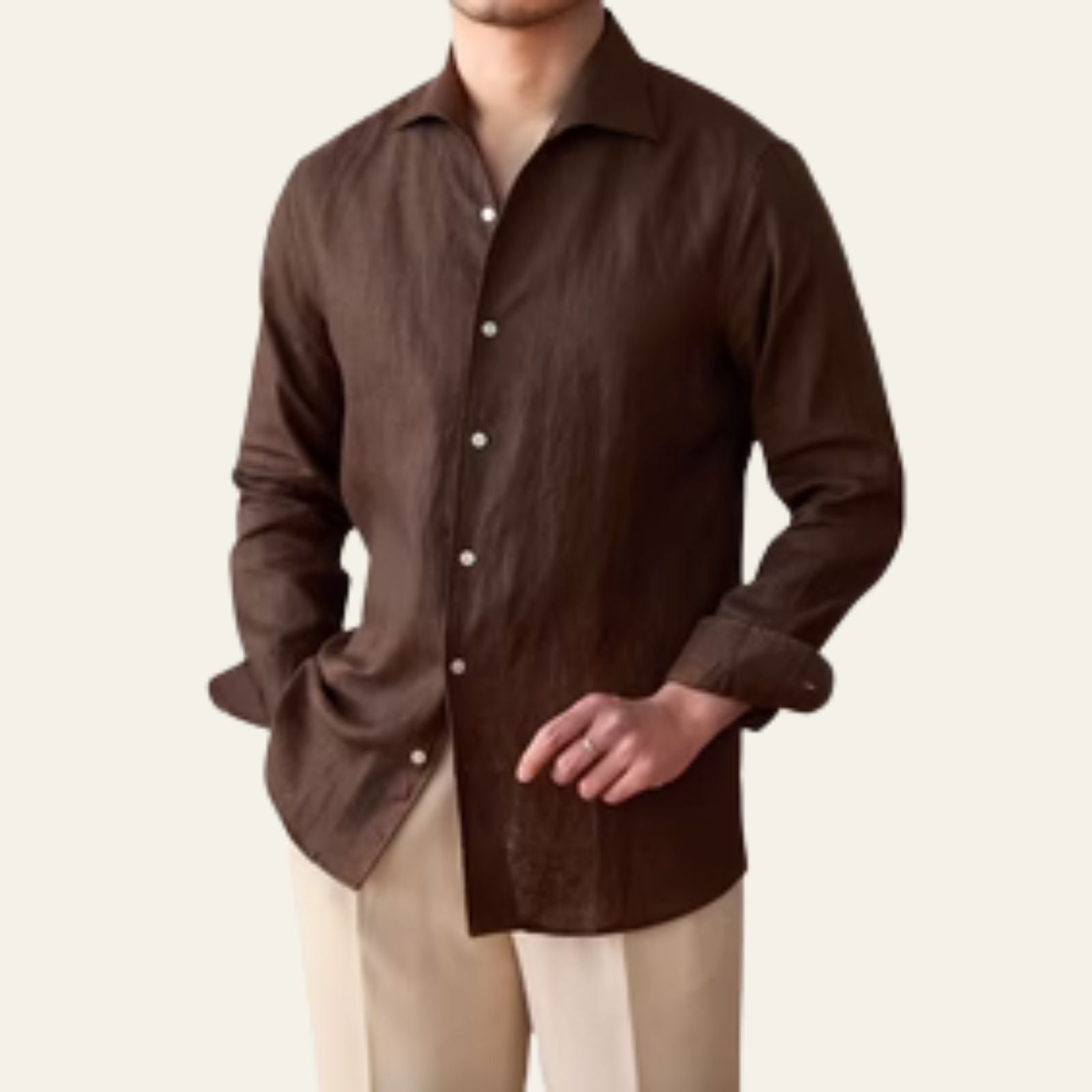 Chemise en Coton et Lin à Manches Longues pour Homme avec Col Rabattu et Boutons