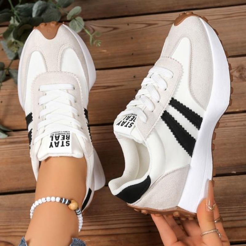 Baskets à Semelle Épaisse en Cuir Patchwork et PU avec Fermeture à Lacets pour Femme