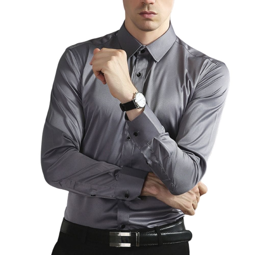 Camicia elegante da uomo anti-piega a maniche lunghe con taglio aderente e tessuto elasticizzato