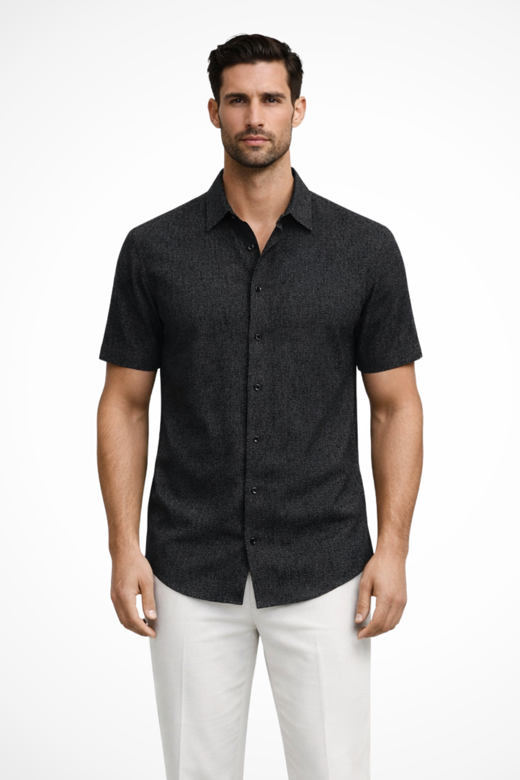 Camisa Casual de Manga Curta para Homem com Textura Sutil e Gola Pontuda