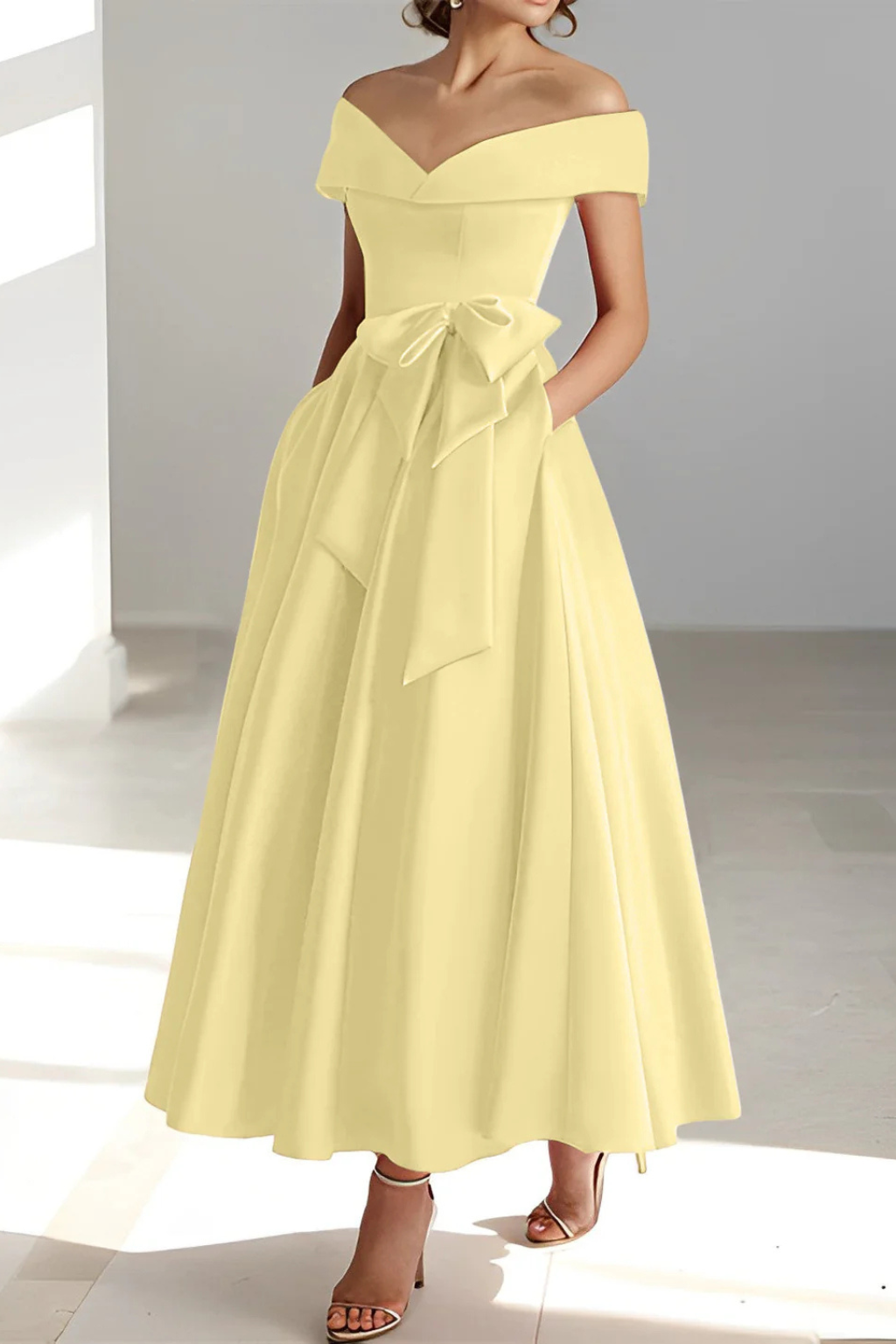 Robe Invitée de Mariage Midi de Style Patineuse à Épaules Nues et Nœud