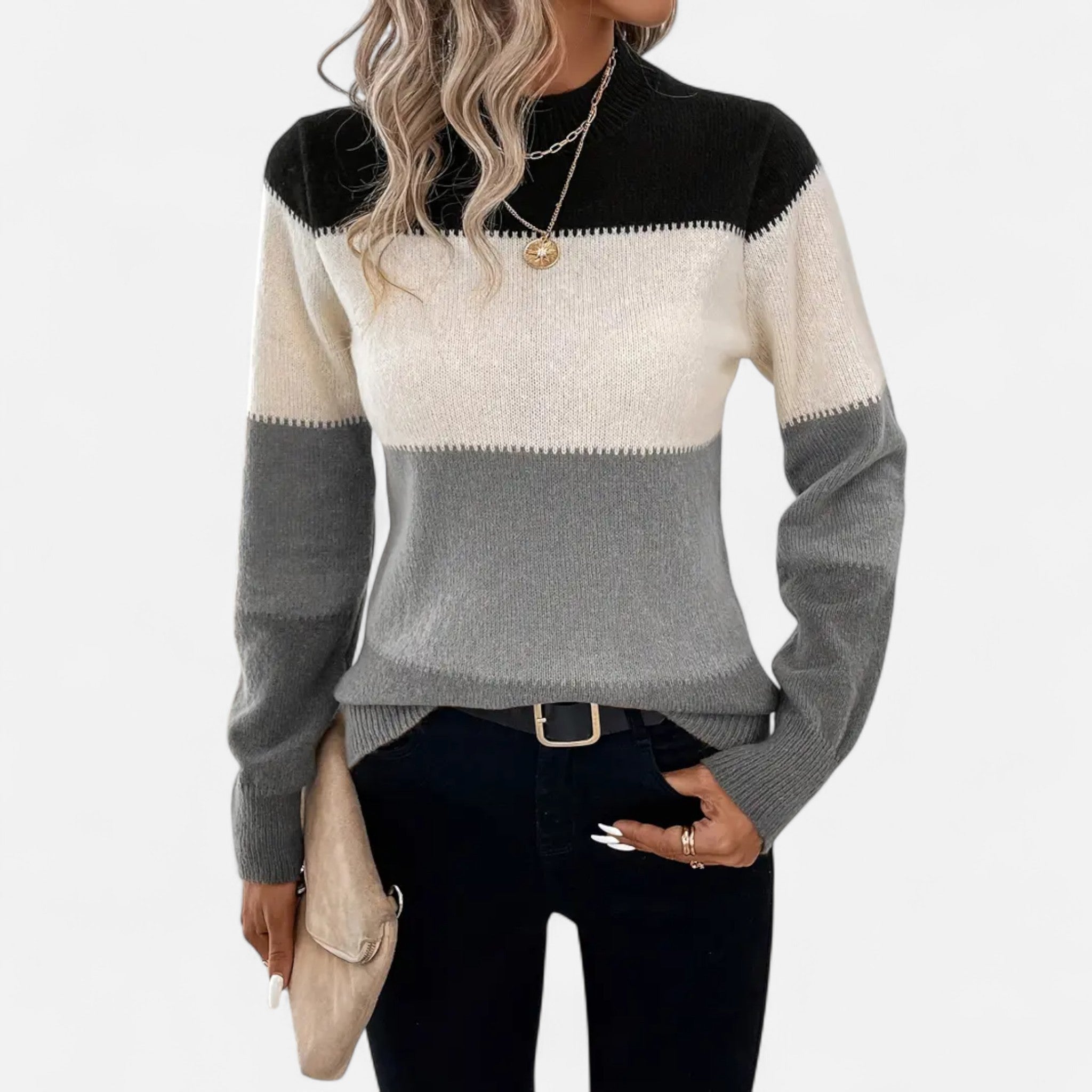 Velclairemode | Women's Color Block Stand-Up Collar Sweater for Fall-Winter