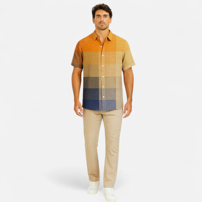 Camisa de hombre de lino con estampado — manga corta corte relajado