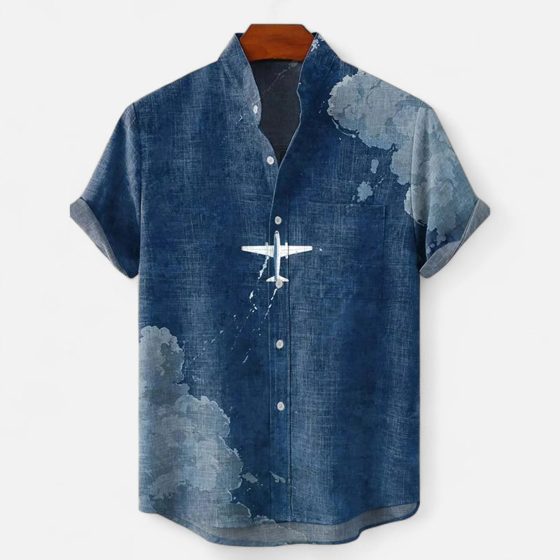 Camisa de hombre de lino con estampado — manga corta corte relajado
