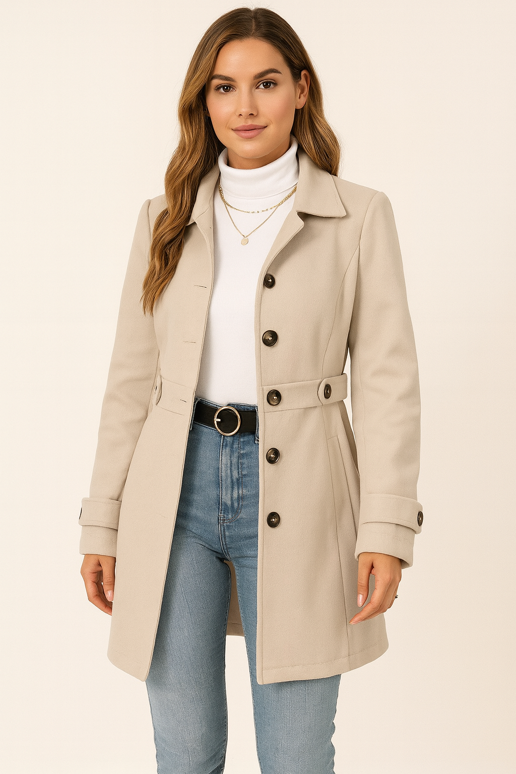 Manteau Long en Polyester à Col Rabattu et Simple Boutonnage pour Femme