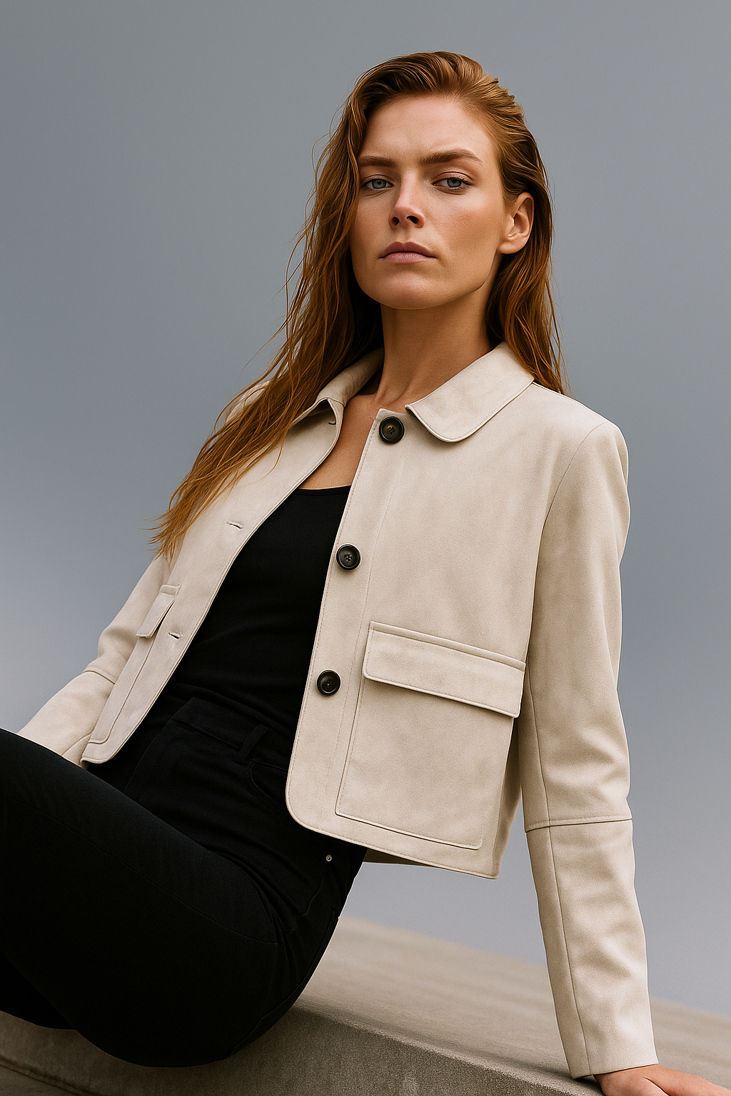 Veste courte pour femme à revers avec boutonnage simple et poches poitrine