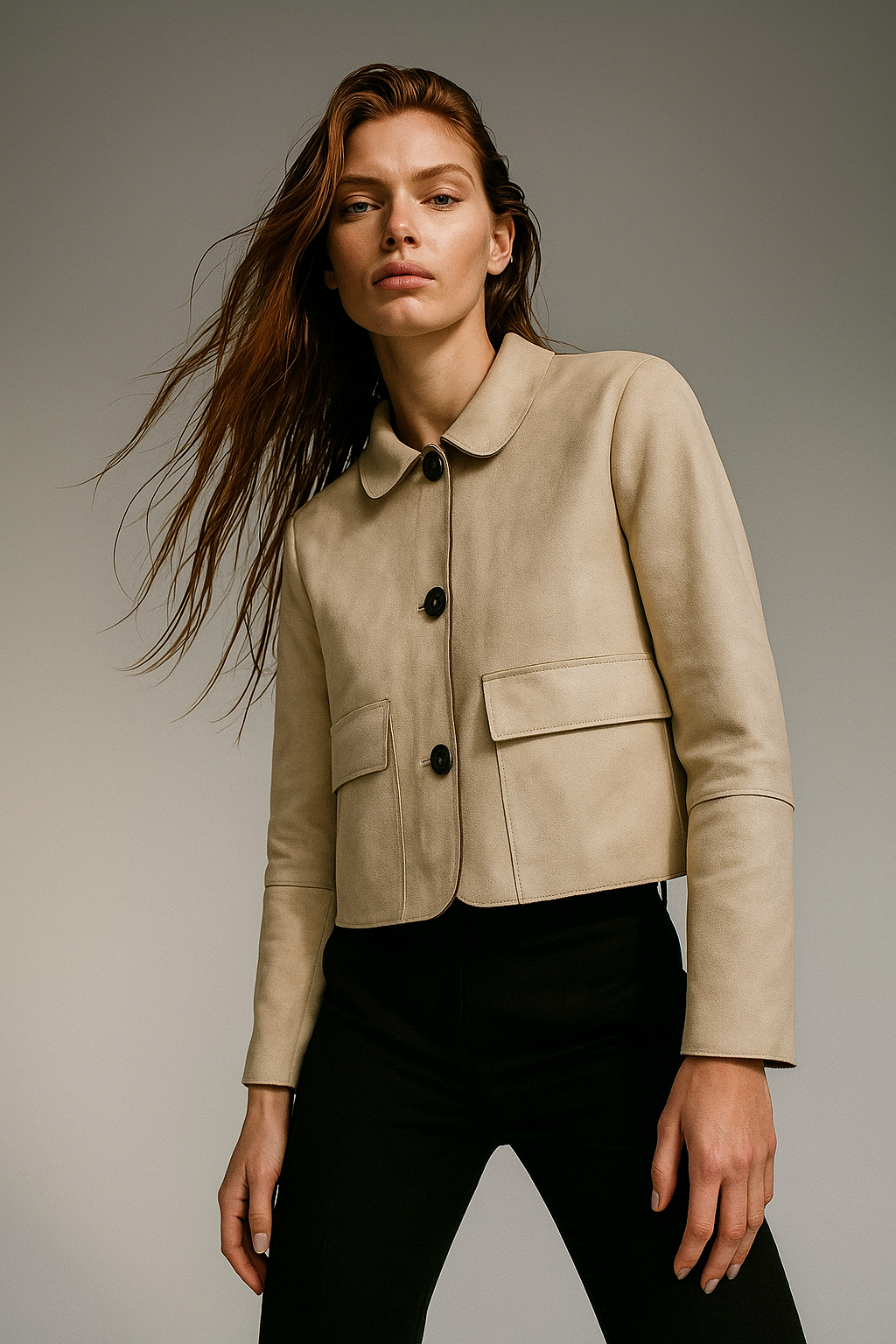 Veste courte pour femme à revers avec boutonnage simple et poches poitrine