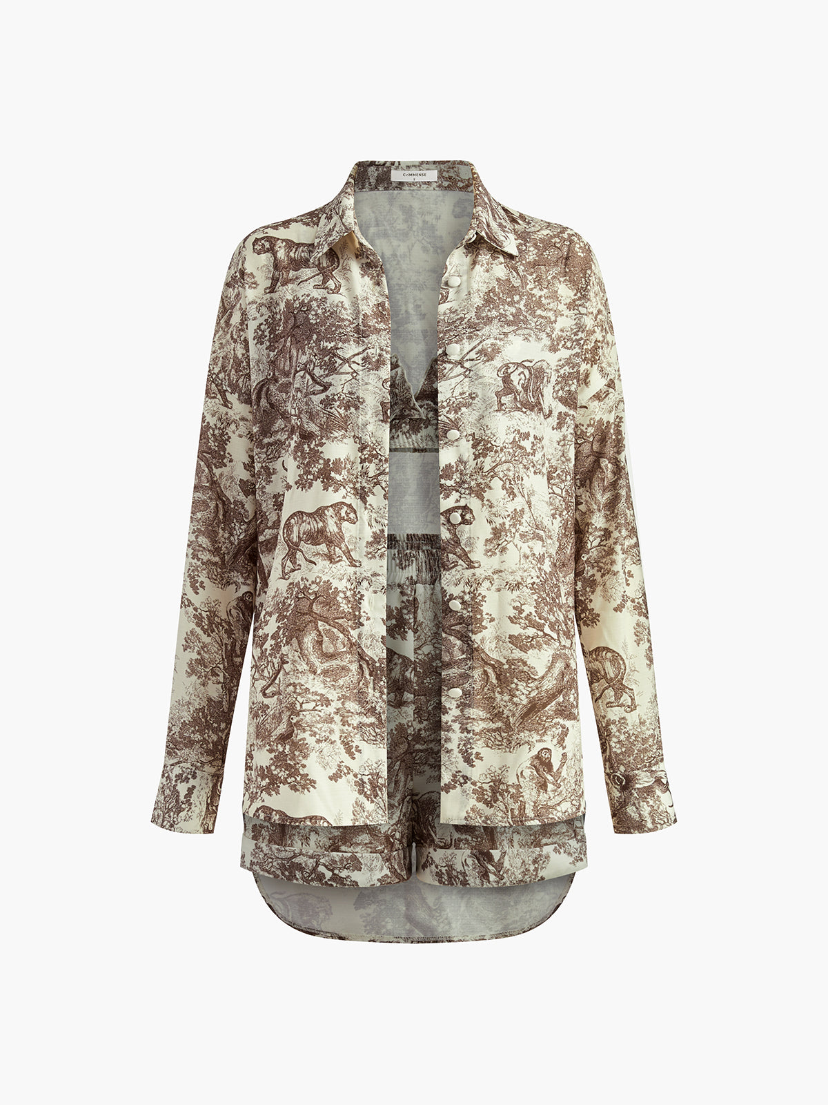 Ensemble 3 pièces imprimé pour femme avec chemise à manches longues et short