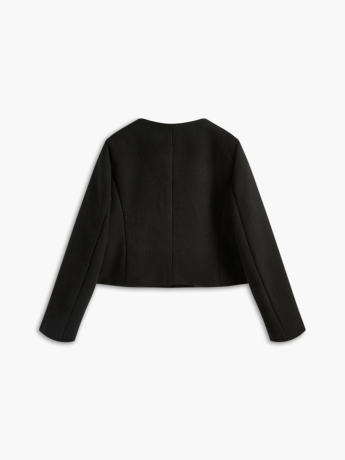 Blazer femenino profesional elegante de tweed con cuello redondo, botones de metal y estructura definida