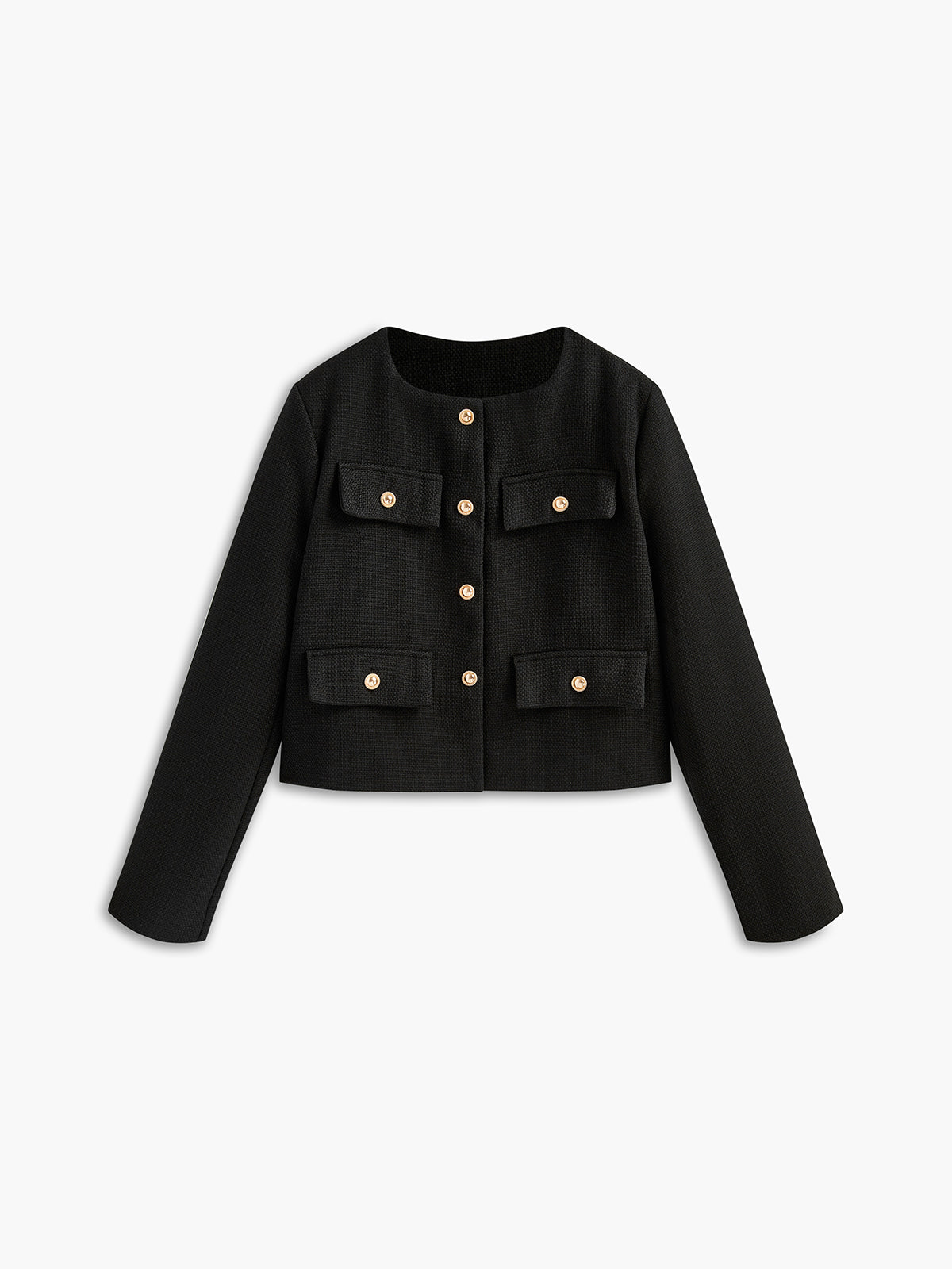 Blazer femenino profesional elegante de tweed con cuello redondo, botones de metal y estructura definida