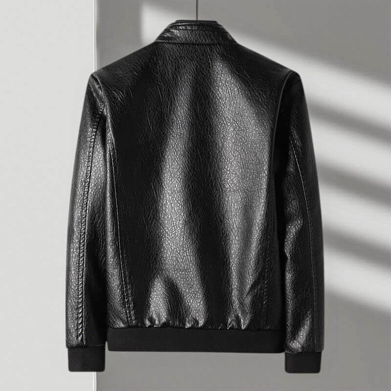 Blouson Moto en Cuir PU pour Homme avec Col Montant et Poignets Nervurés