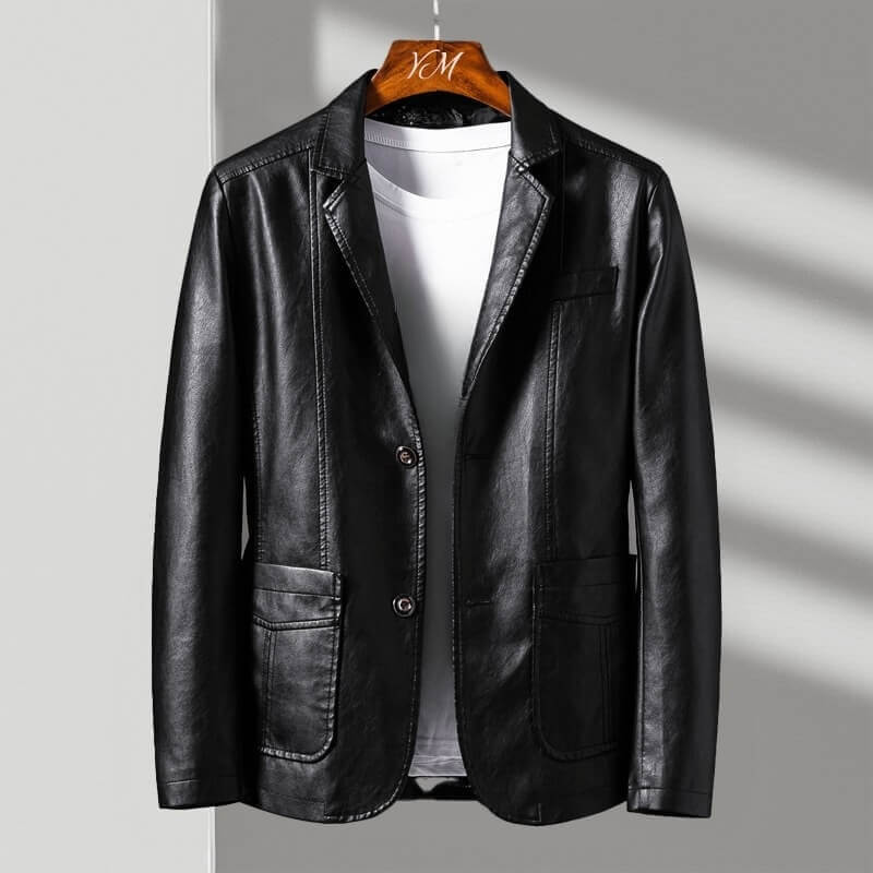 Pánský kožený PU blazer na oblek, slim střih, s klopami a dvěma knoflíky