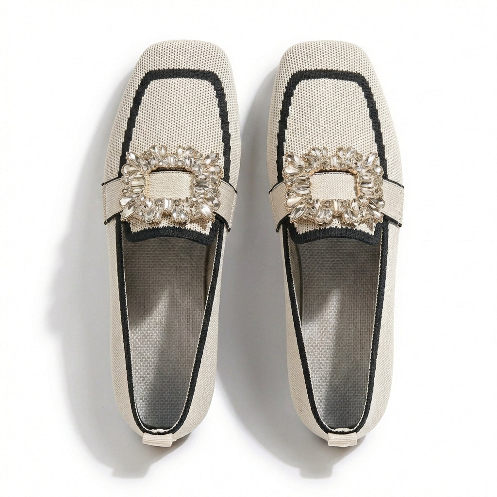 Square-Toe Ballerinas with Jewel Buckle and Contrasting Finish for Women