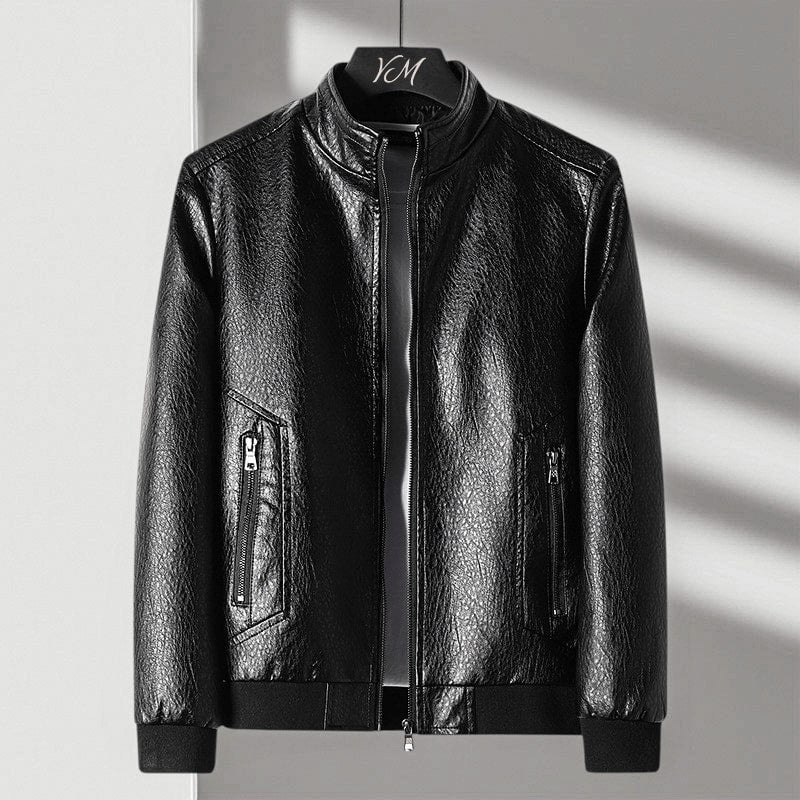 Blouson Moto en Cuir PU pour Homme avec Col Montant et Poignets Nervurés