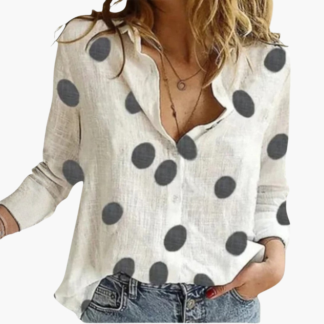 Blouse Femme en Coton et Lin Imprimé Floral à Manches Longues et Col Rabattu