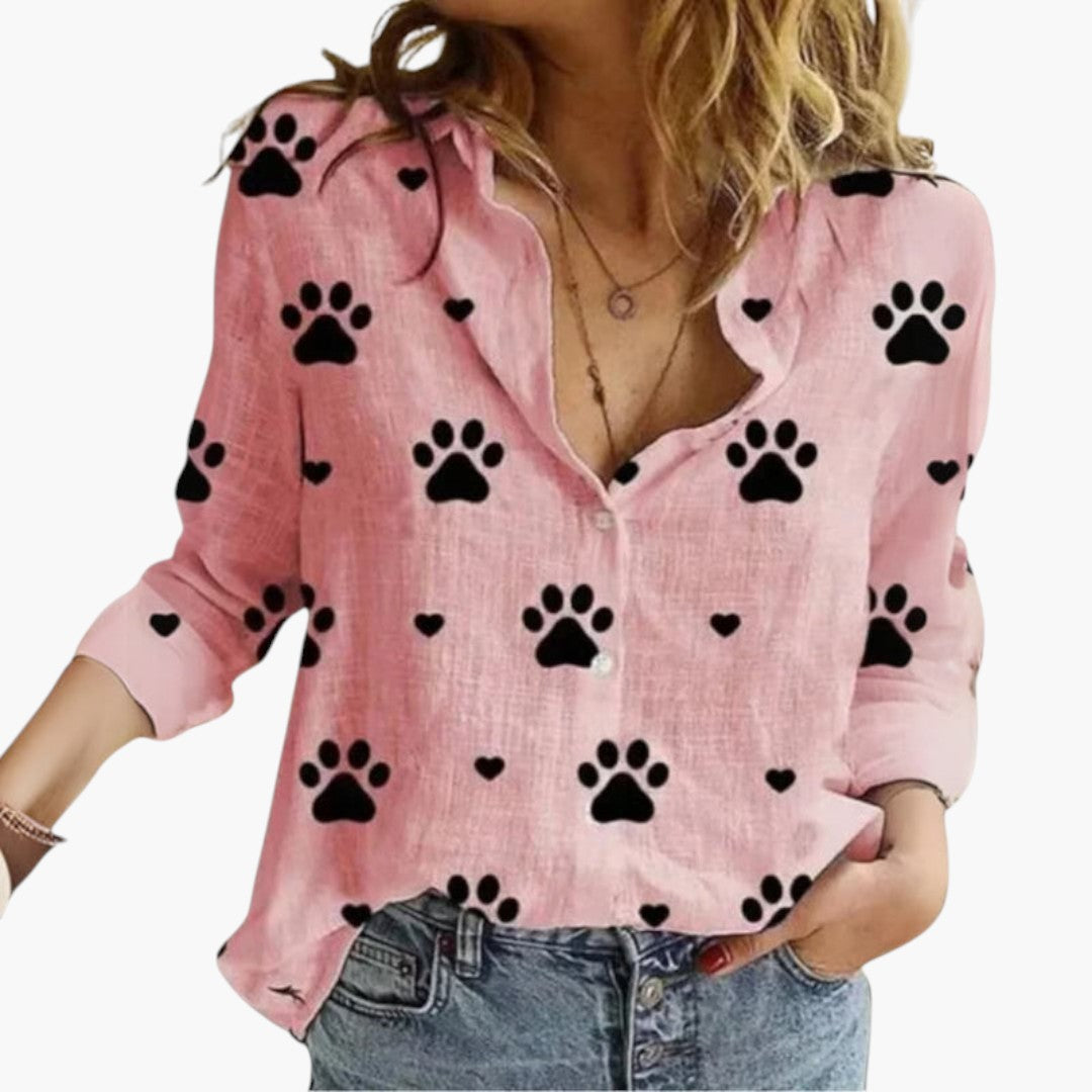 Blouse Femme en Coton et Lin Imprimé Floral à Manches Longues et Col Rabattu