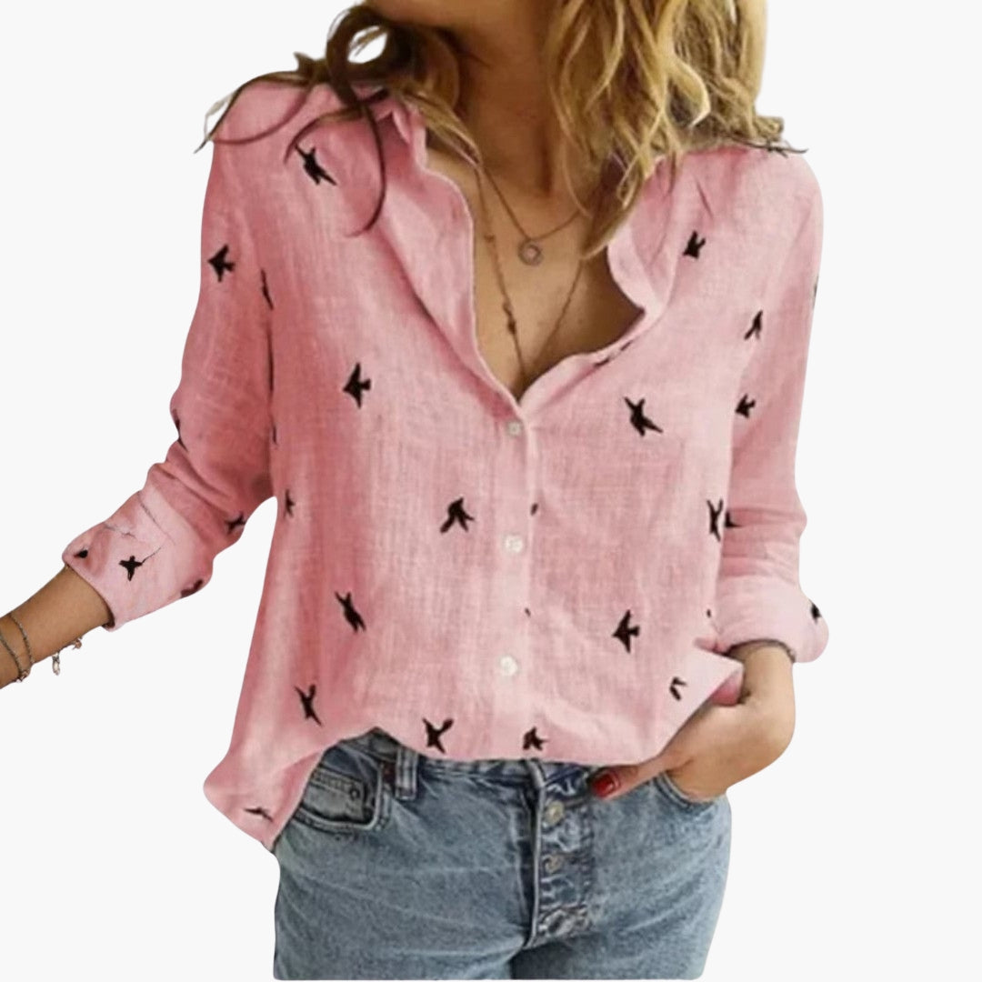 Blouse Femme en Coton et Lin Imprimé Floral à Manches Longues et Col Rabattu