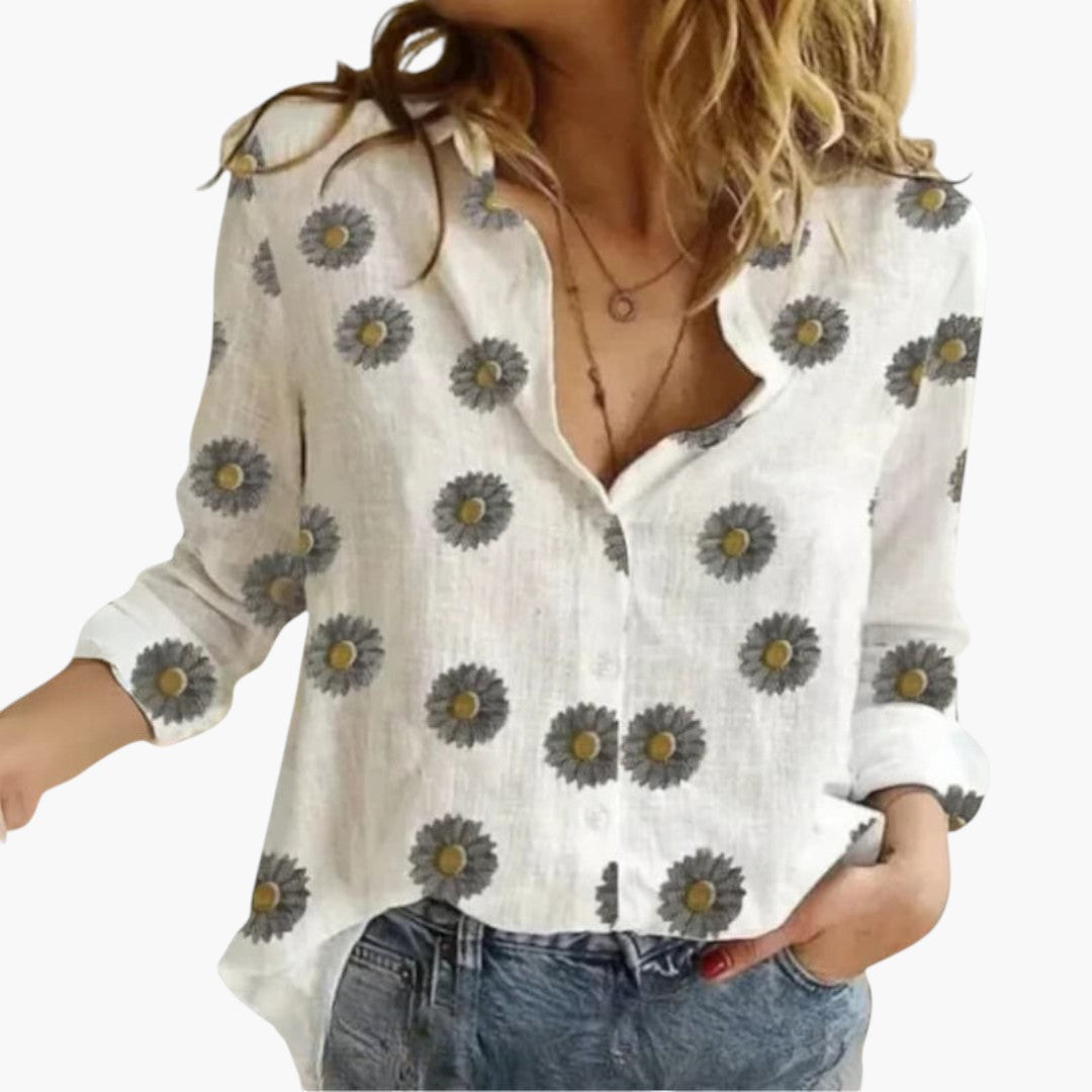 Blouse Femme en Coton et Lin Imprimé Floral à Manches Longues et Col Rabattu