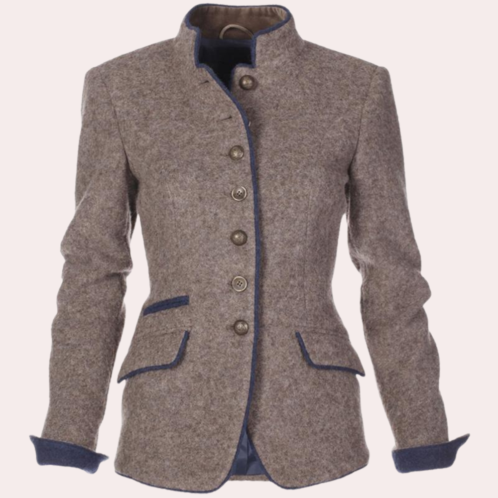 Blazer profesional femenino con cuello alto, botones, estructurado y elegante.