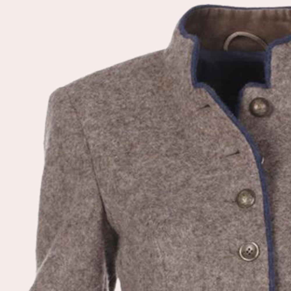 Blazer profesional femenino con cuello alto, botones, estructurado y elegante.