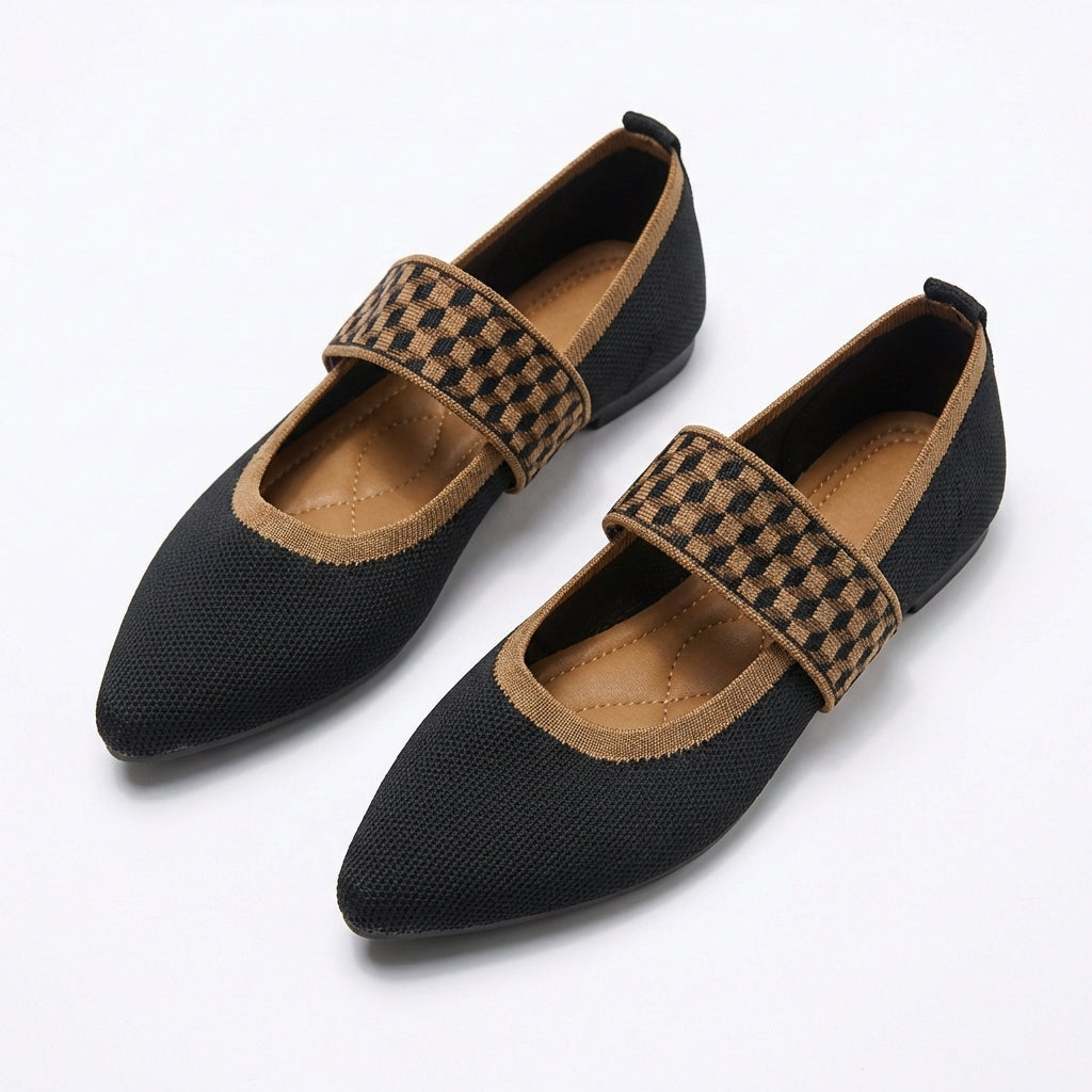 Pointed-Toe Ballerinas with Plaid Strap and Contrasting Finish for Women
