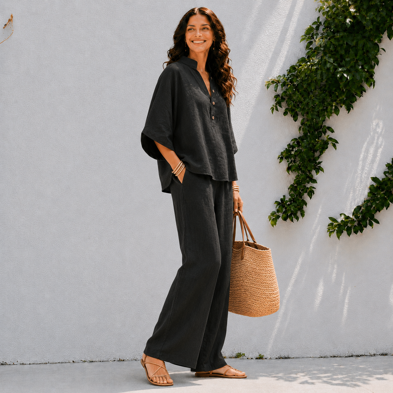 Ensemble pantalon pour femme - haut à boutons et jambes larges plage