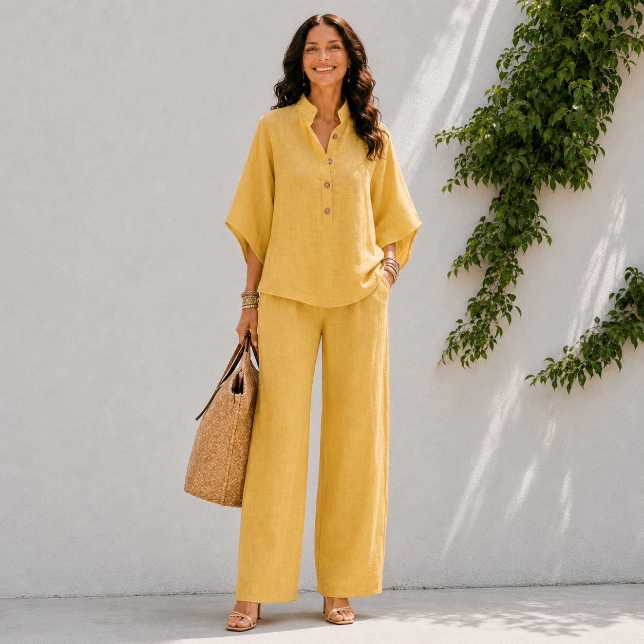 Ensemble pantalon pour femme - haut à boutons et jambes larges plage
