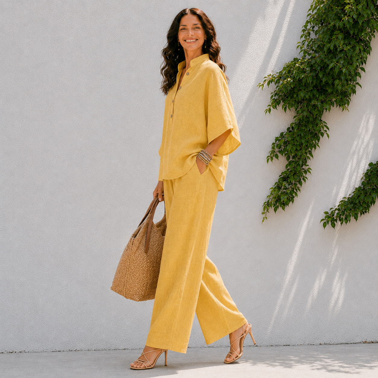 Ensemble pantalon pour femme - haut à boutons et jambes larges plage