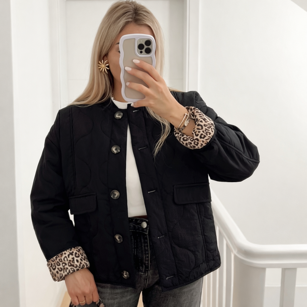 Chaqueta Acolchada con Estampado de Leopardo y Cierre de Botón Simple para Mujer