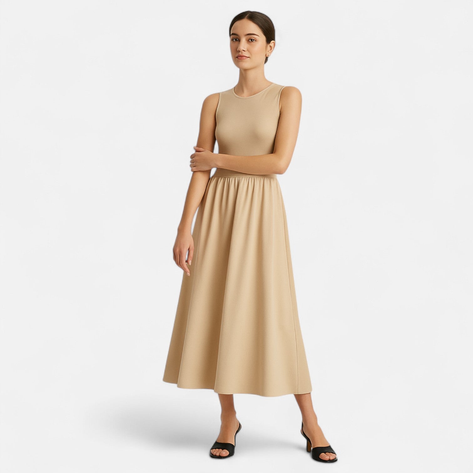 Robe Longue Évasée Sans Manches à Col Rond pour Femme en Fibre Synthétique