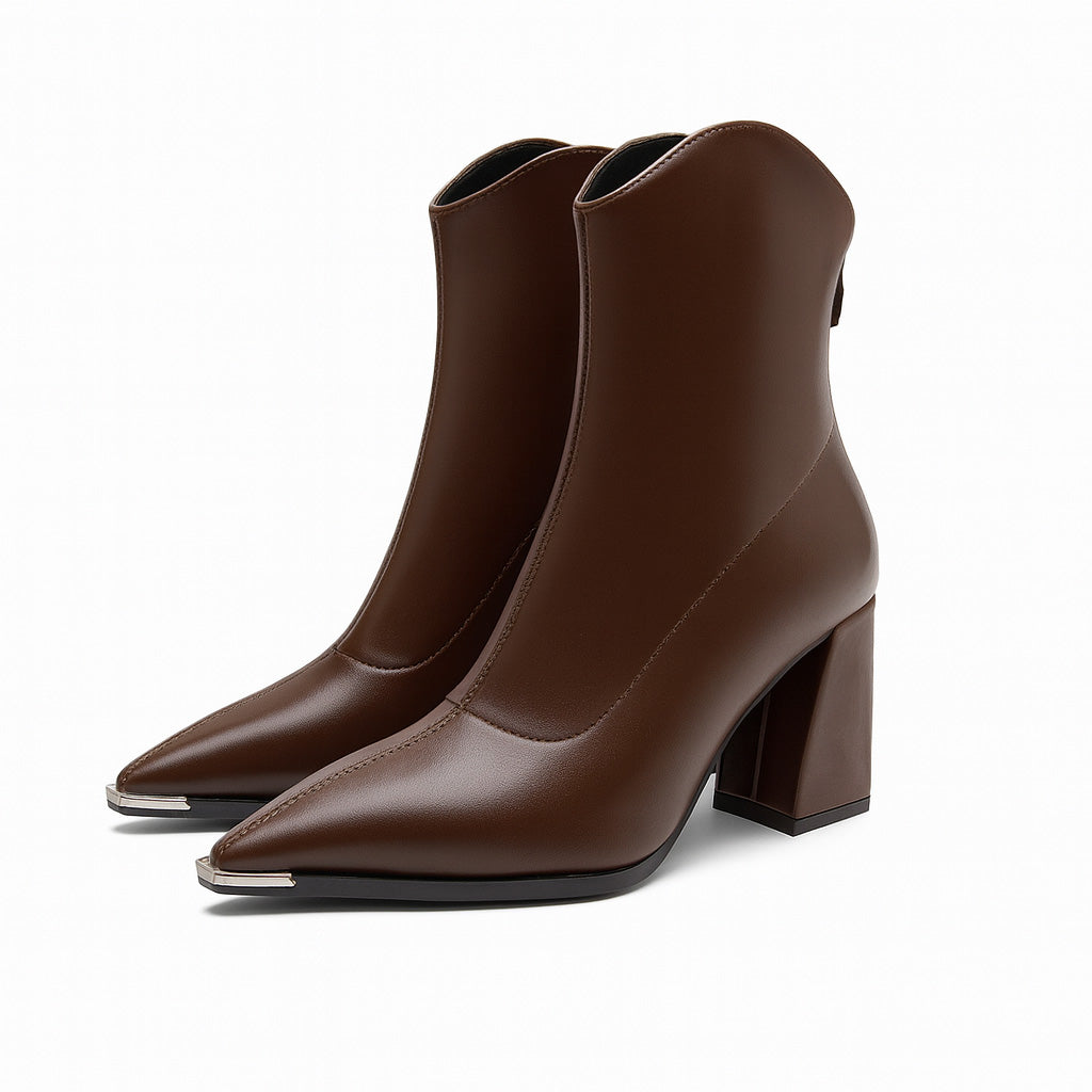 Bottines à Bout Pointu pour Femme avec Talon Haut Carré et Fermeture Éclair Arrière