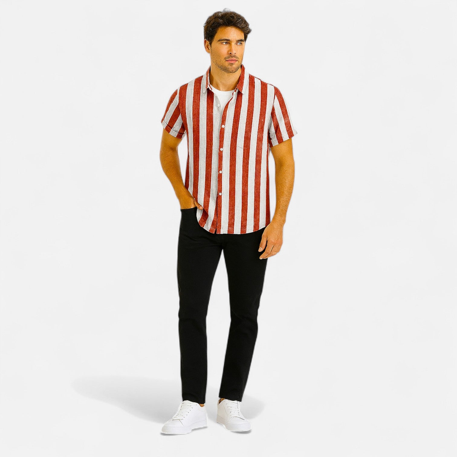 Velclairemode| Men's Striped Linen Shirt - Short Sleeve, Summer Casual Elegance