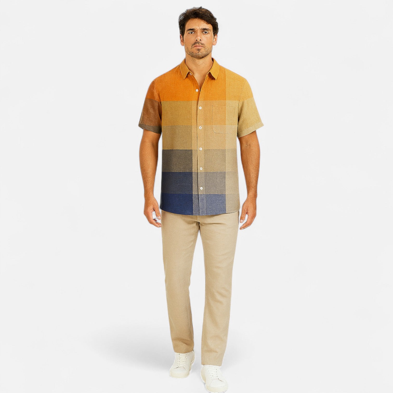 Velclairemode| Men's Linen Shirt with Artistic Pattern - Short Sleeves, Casual and Premium Style