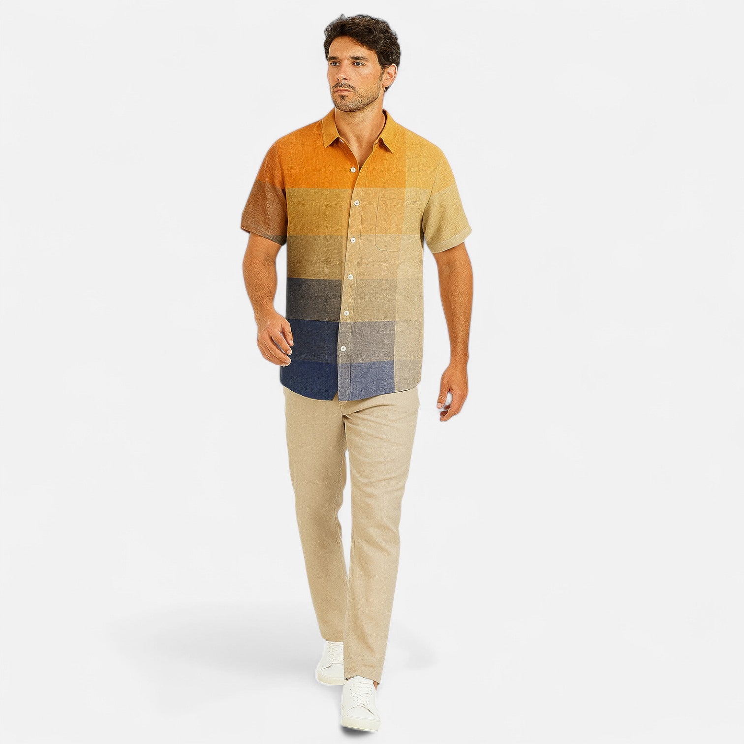 Velclairemode| Men's Linen Shirt with Artistic Pattern - Short Sleeves, Casual and Premium Style