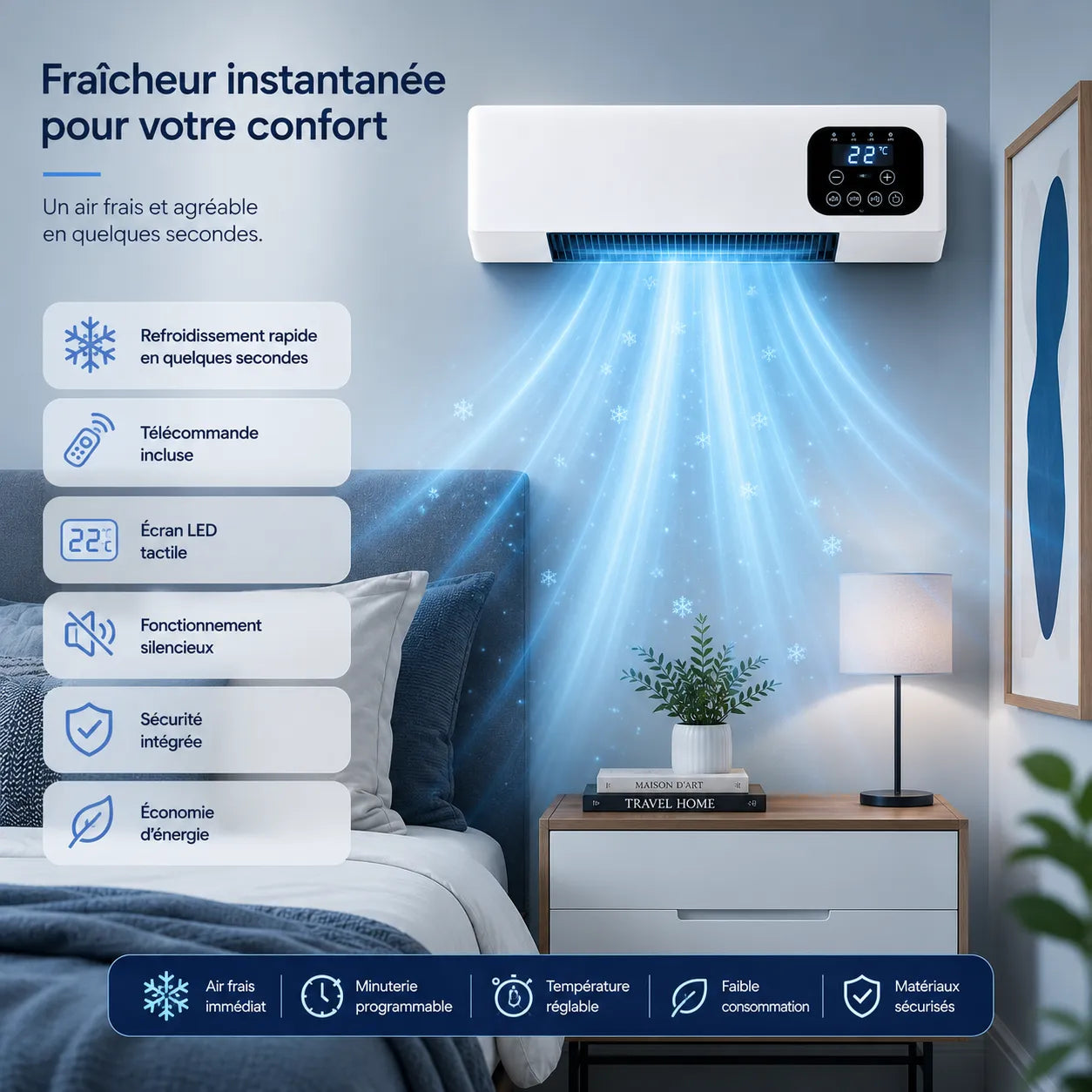 2000 W Wall-Mounted Hot/Cold Unit with Remote Control