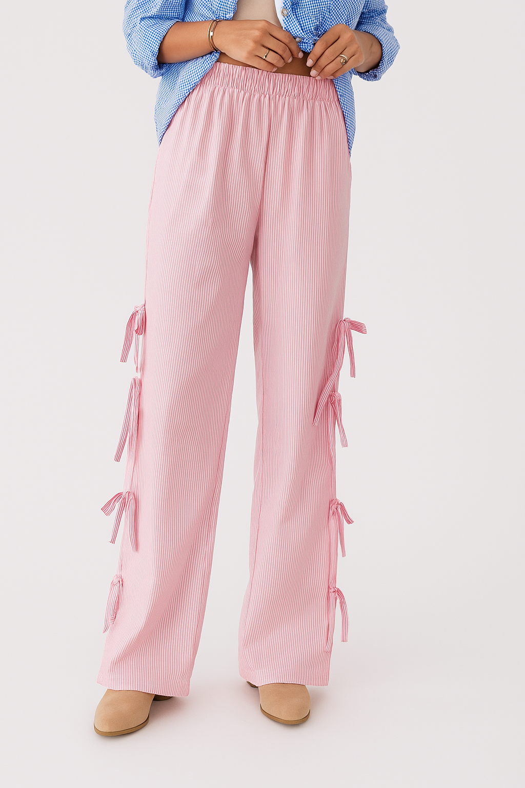 Pantalon Large à Imprimé Carreaux avec Lacets Latéraux et Taille Élastique pour Femme