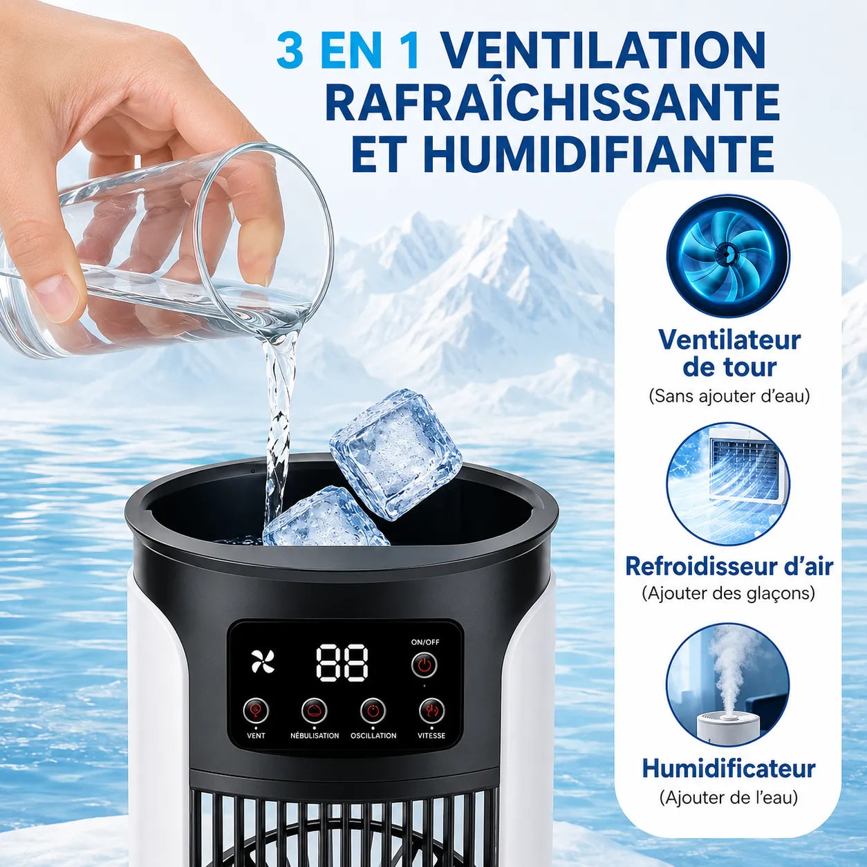 Resfriador de Ar Portátil 3 em 1 com Nebulização e Iluminação LED