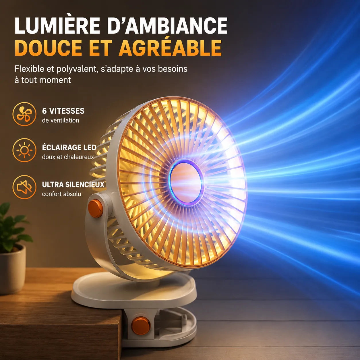 Ventilador portátil recargable con clip de 8000 mAh con LED