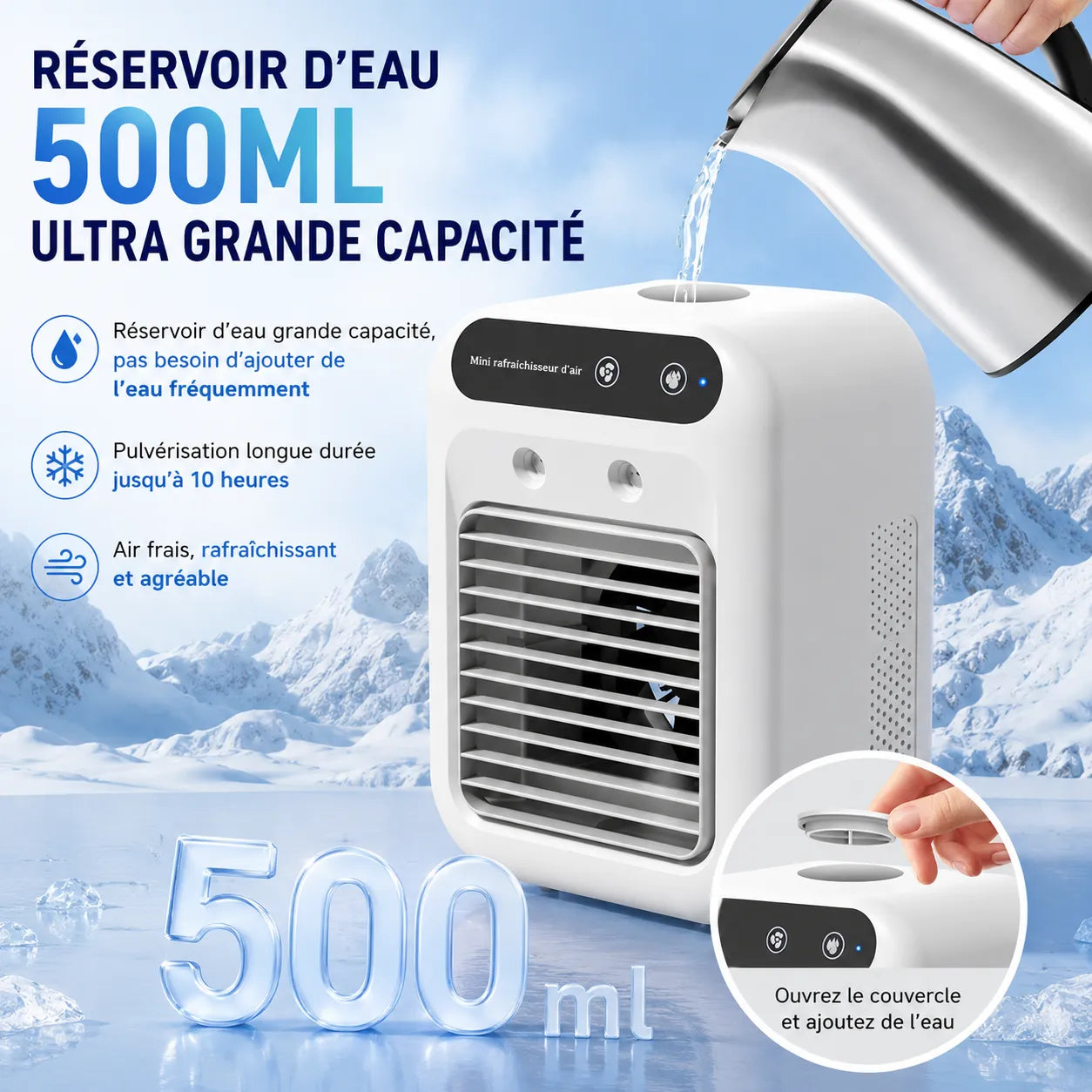 Enfriador de aire portátil 3 en 1 recargable por USB de 500 ml