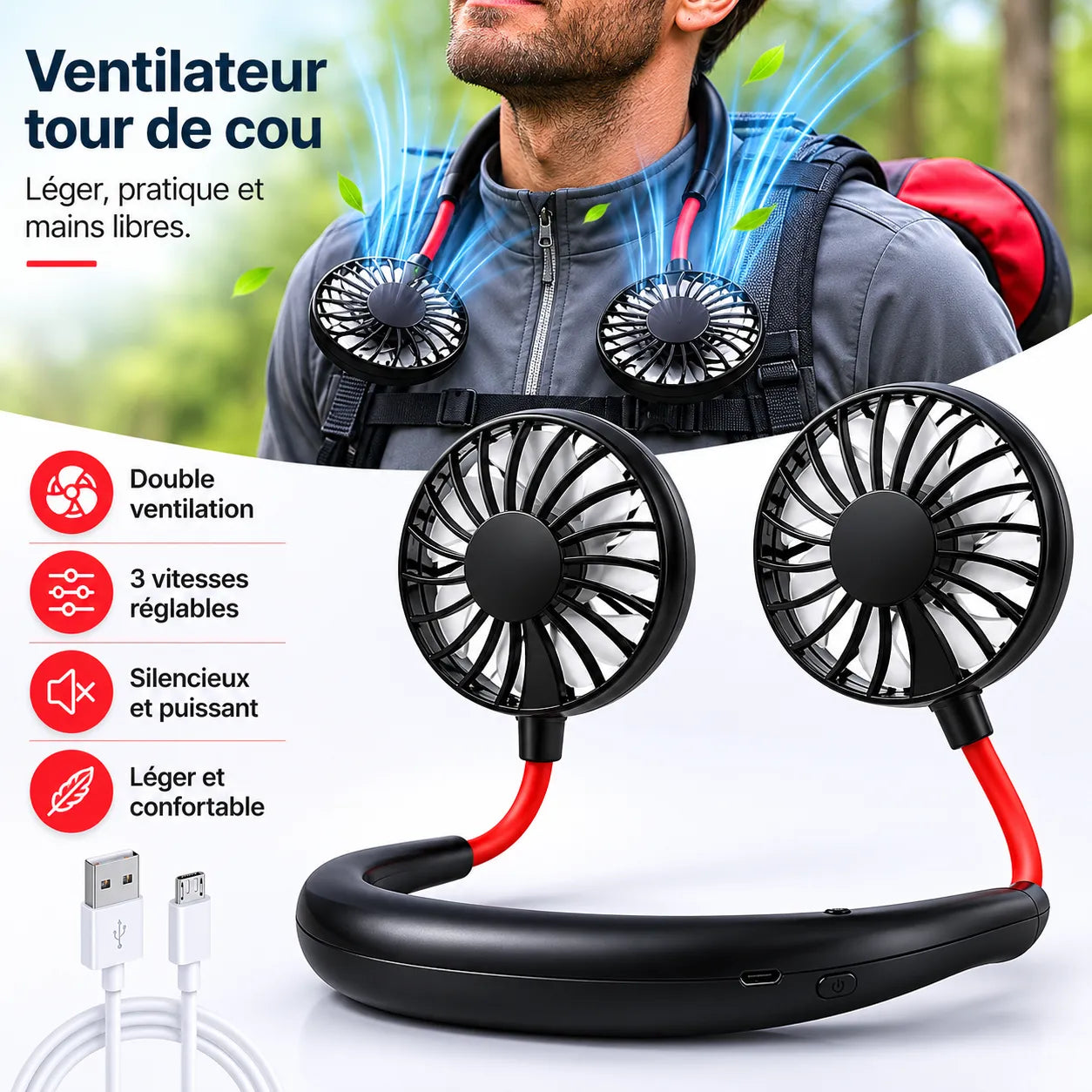 Ventilator de gât portabil reîncărcabil USB cu 3 viteze