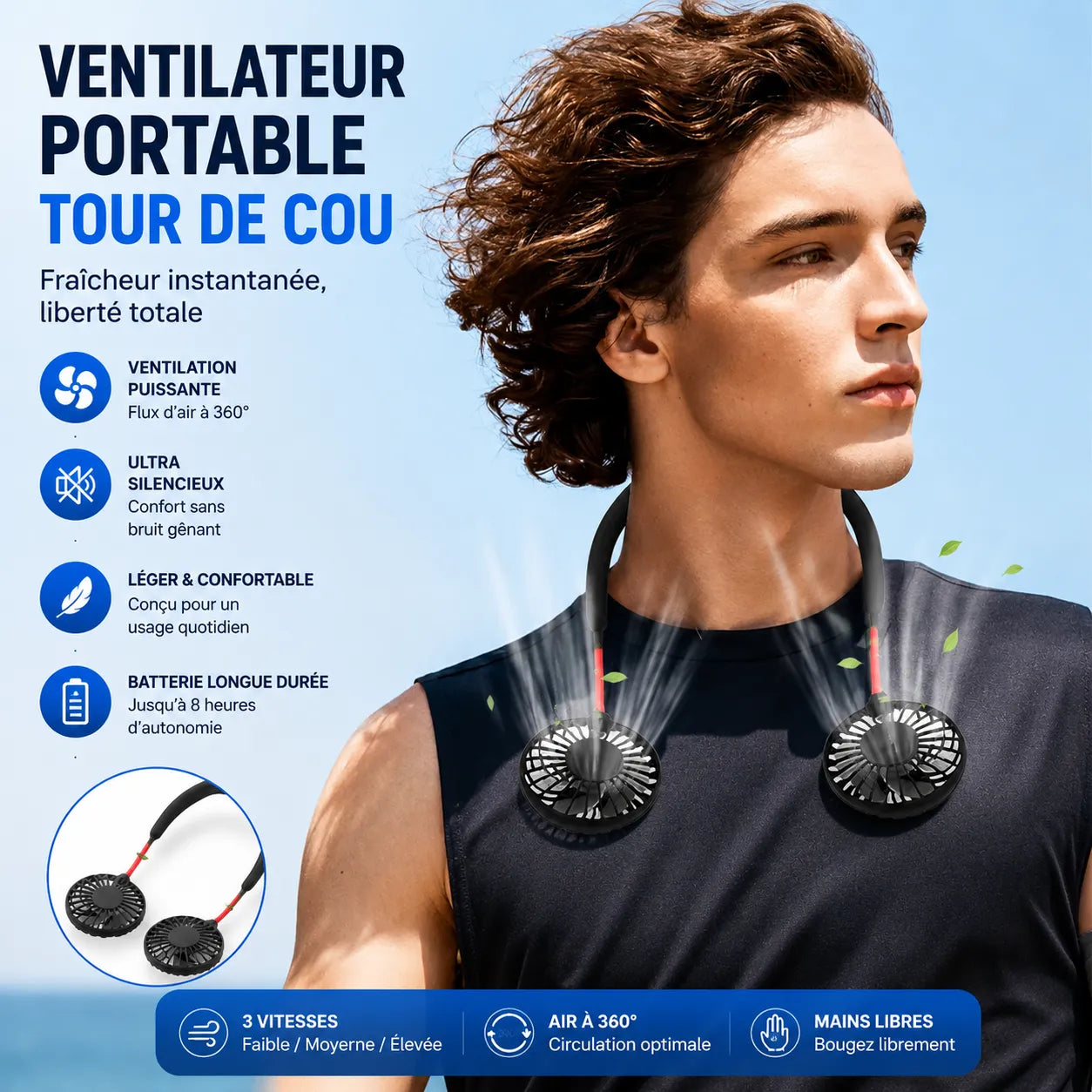 Ventilator de gât portabil reîncărcabil USB cu 3 viteze