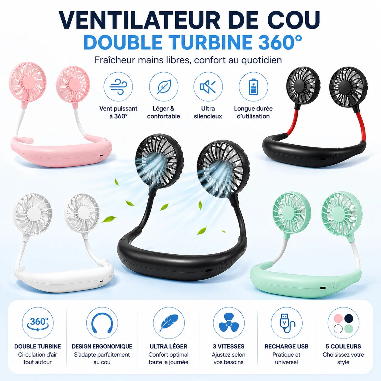 Ventilator de gât portabil reîncărcabil USB cu 3 viteze