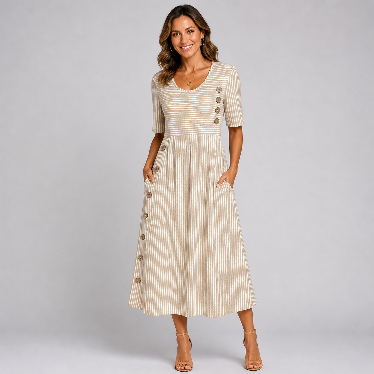 Vestido midi para mujer — mangas 3/4 — estilo casual