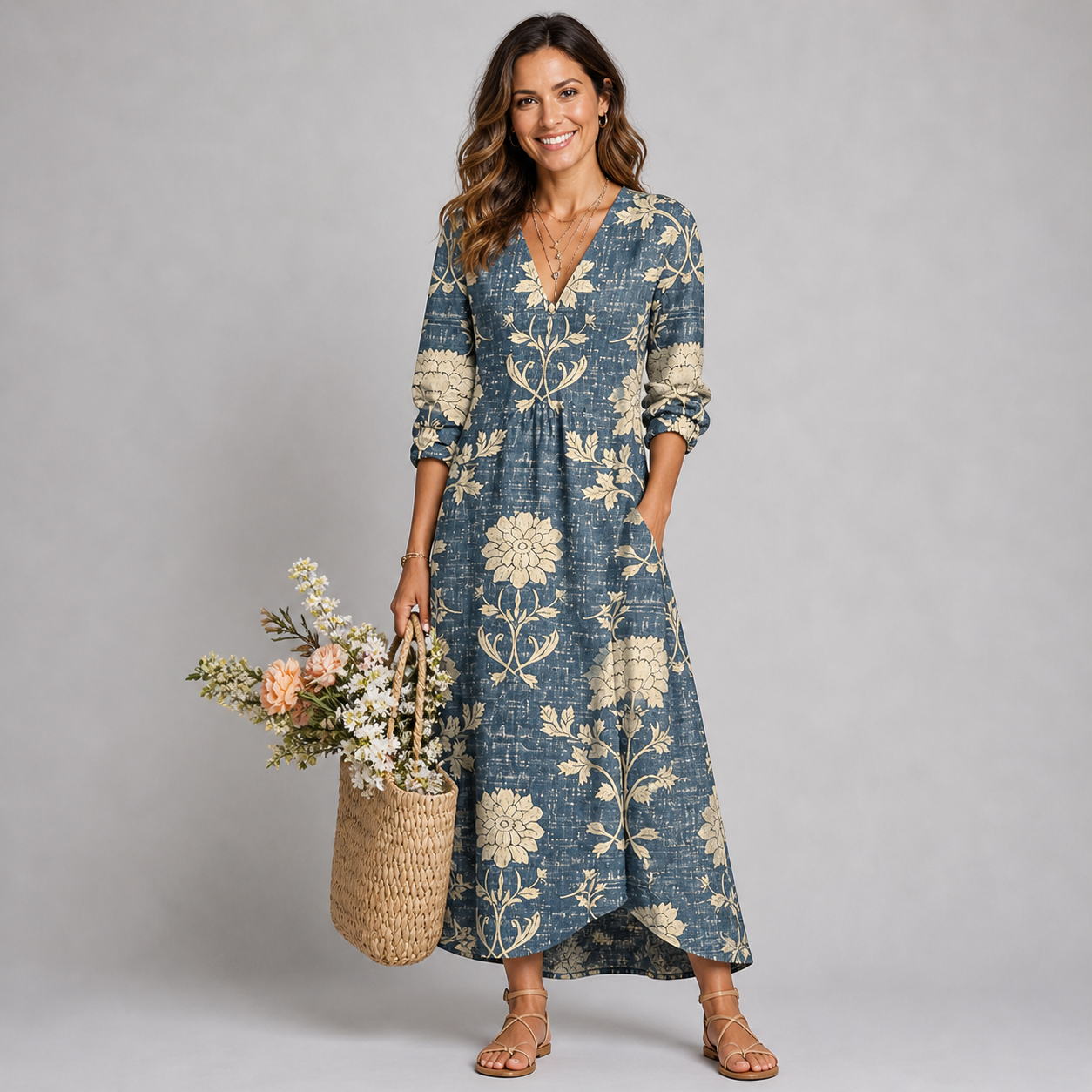 Midi dress with abstract print — linen blend — casual chic style