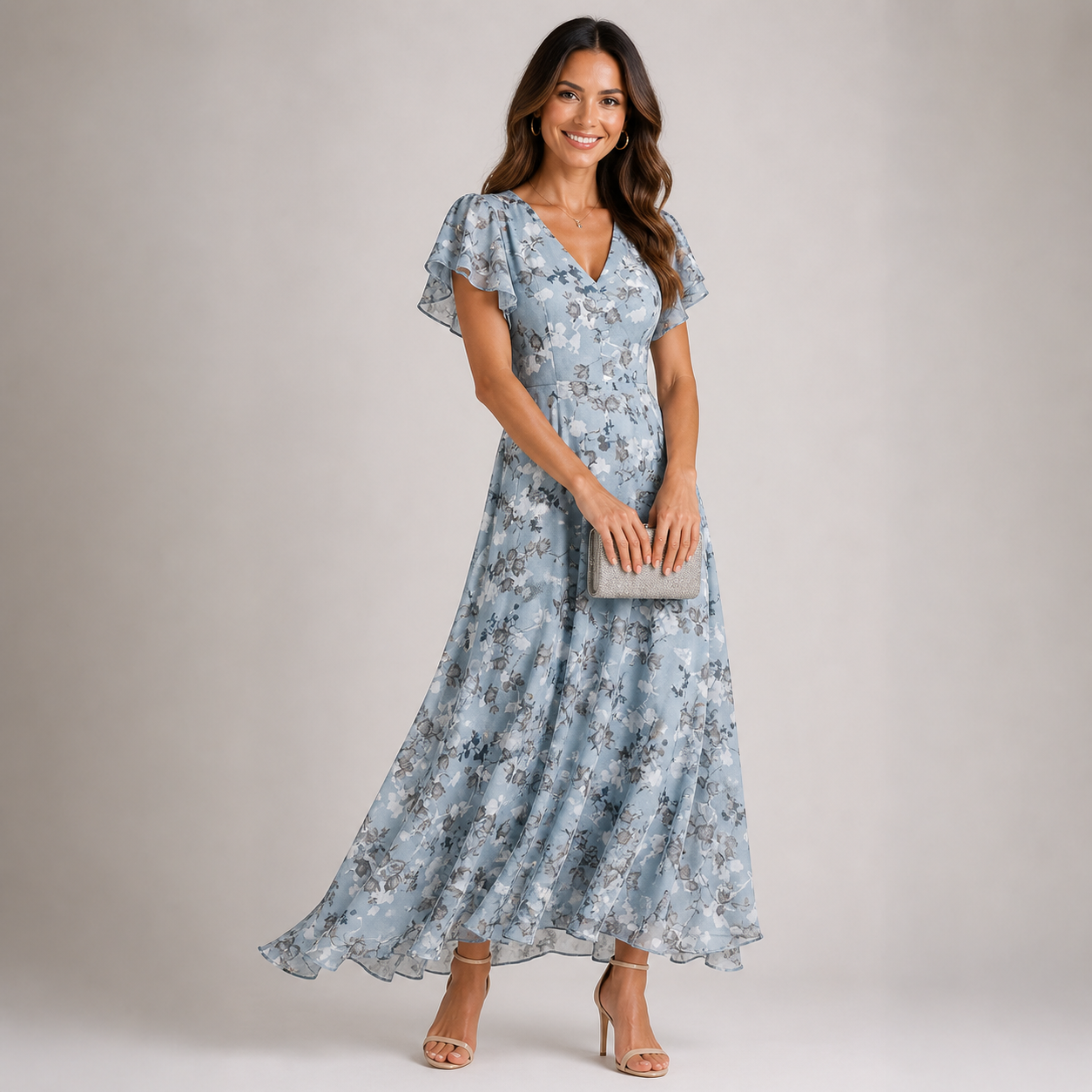 Vestido maxi con estampado floral — mangas con volantes — atuendo de fiesta