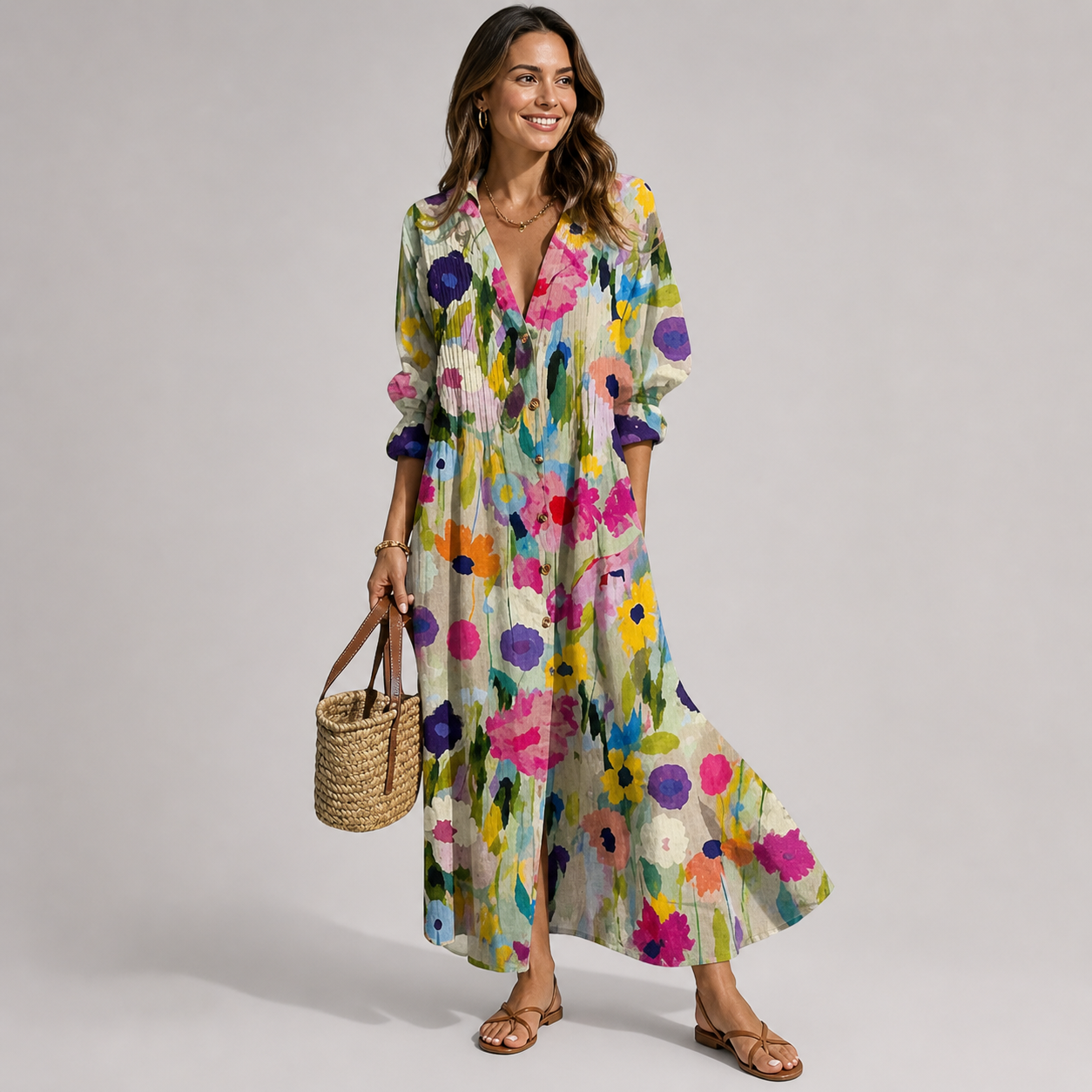 Vestido largo con estampado floral — abotonado al frente — ropa de verano